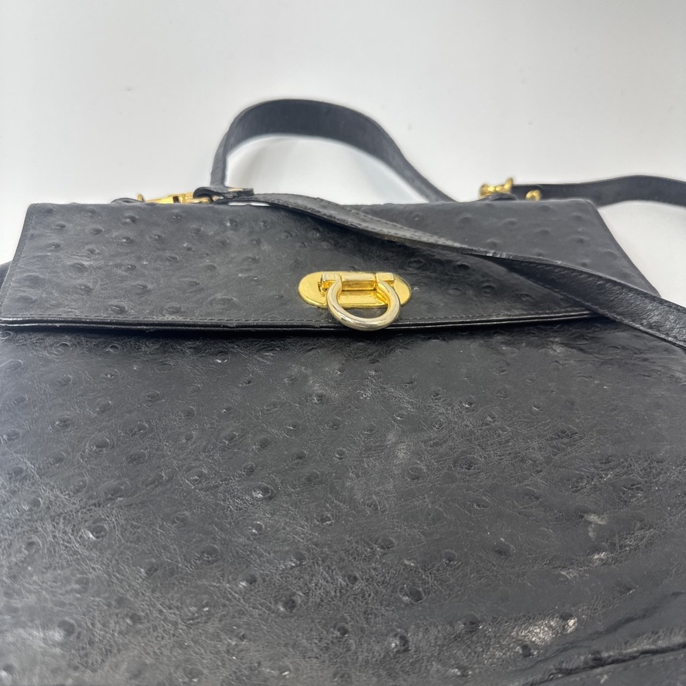 Vintage Original Black Ostrich Leather Handbag Metal Fittings